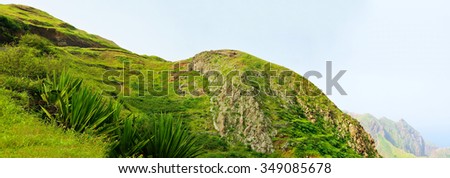 The island of Brava, and its green mountainous landscape during the rain season in Cape Verde