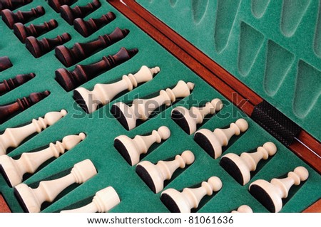 chess pieces stored in padded box, black and white