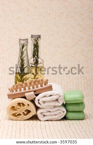 Spa towels, soaps, loofah, massager and essential oils