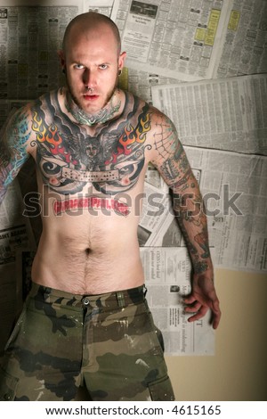 stock photo Scary man covered in tattoos