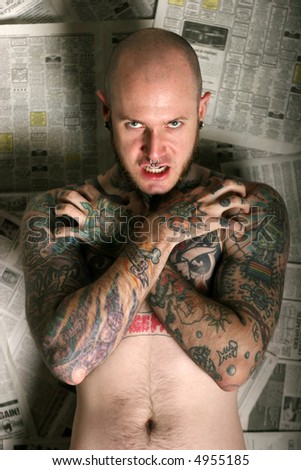 stock photo Scary man covered in tattoos