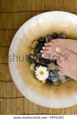 Woman\'s feet in bowl of water and rocks