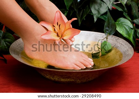 Woman\'s pedicured feet in a bowl of water