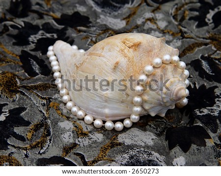 Conch sea shell lying atop silk cloth with strand of pearls wrapped around it.