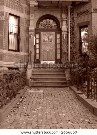 Entryway and steps to home of a Back Bay brownstone in Boston Massachusetts.