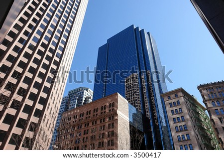 wide angle perspective of boston's financial district, downtown boston