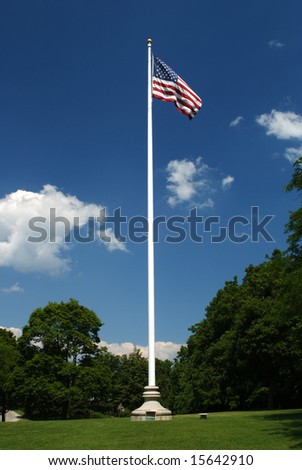 american flag blows in the wind at the top of a white flag pole against a rich blue sky surrounded by trees and grass