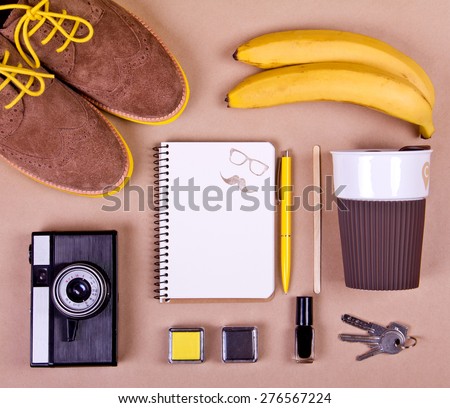 Kit of student, teenager, young woman or guy. Different objects on beige background.  Place for text. Hipster style. Morning coffee.