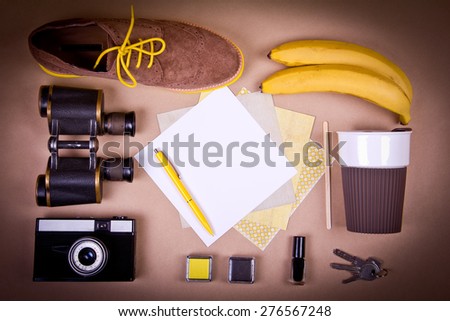 Kit of student, teenager, young woman or guy. Different objects on beige background.  Place for text. Hipster style. Morning coffee. Vignetting.