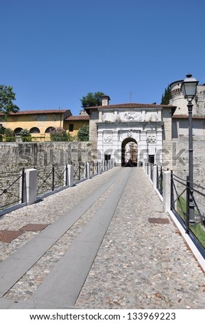 Main entrance to the Castle of Brescia, medieval architecture attraction