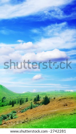 a green meadow in mountain with tree under the beautiful blue sky with clouds
