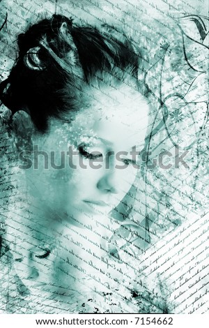 beauty and grunge portrait of a woman with a lot of letters around her
