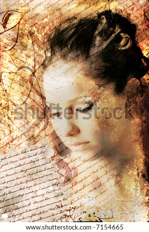 beauty and grunge portrait of a woman with a lot of letters around her
