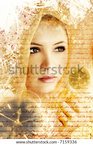 beauty and grunge portrait of a woman with letters and clocks