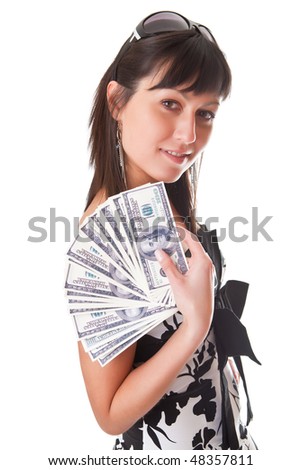 stock photo : Girl with dollars in hands isolated on a white background