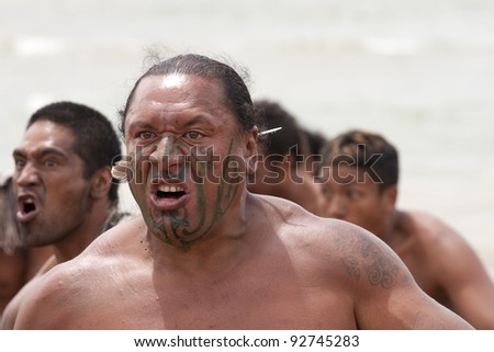 NEW ZEALAND-FEB 6:Maori warrior with fake tattoo at a Haka on Waitangi Day celebration,Feb 6, 2009. Waitangi day is a public holiday,yearly on Feb 6 to celebrate the signing of the Treaty of Waitangi