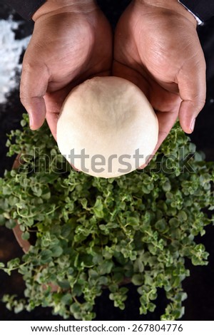 close up of balls of fresh pizza dough in hand and oregano plants
