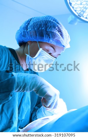 veterinarian surgery in operation room take with art lighting and blue filter