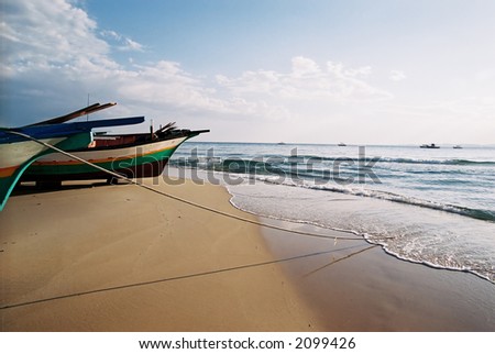 A group of moored fishing boats along the sandy beach in Tunisia.