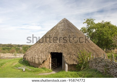Reconstruction of an Iron Age hut or house at Archeolink in Aberdeenshire.