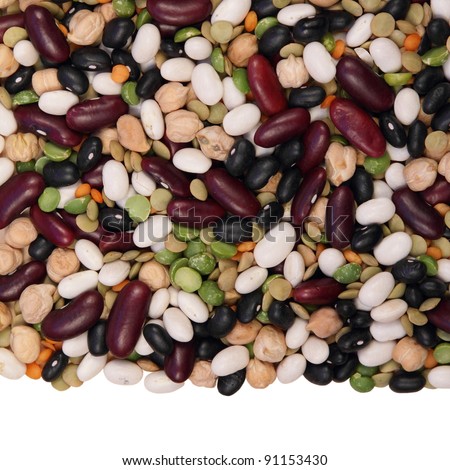 Background of seeds, fruits, legumes, isolated on white.