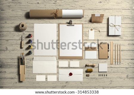 Art and Craft Stationery, Branding Mock-up, with clipping path, isolated, changeable wooden background.