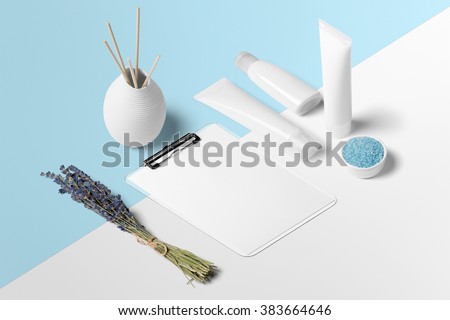 Cosmetics SPA branding mock-up, isometric view, on white and blue background, place your design