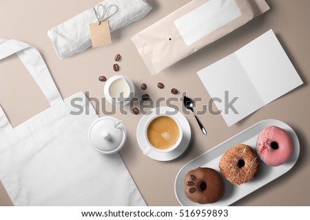 Coffee cup with donuts, breakfast set, including white fabric bag, blank card template and coffee package, top view.