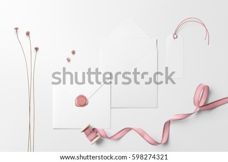 Letterhead, envelope scene mockup, top view, with decor elements, pink ribbon, and blank copy, logo space on white background.