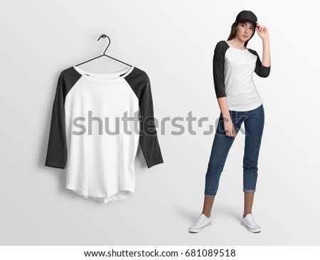 White pullover, long sleeve baseball t-shirt on a young woman in jeans and baseball cap, isolated mockup. Hanging t-shirt long sleeves, against empty wall.
