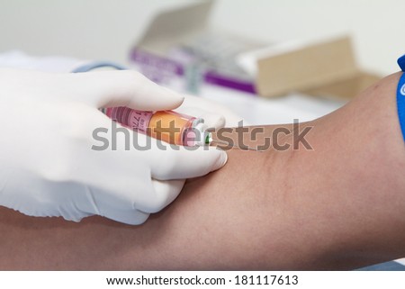 Blood examination, hand with gloves and syringe on white background