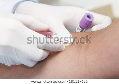 Blood examination, hand with gloves and syringe on white background