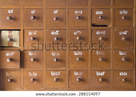 Apothecary cabinet drawers isolated clipping path, Box Theater risk in Thailand.
