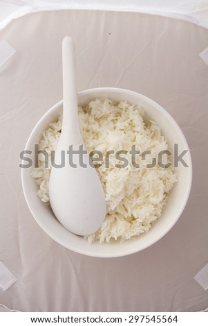 Rice bowl, white background, A bowl of rice with a white spoon.