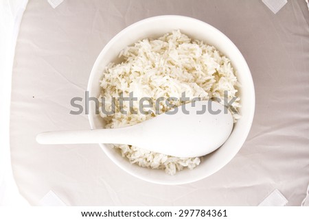 Rice bowl, white background, A bowl of rice with a white spoon.