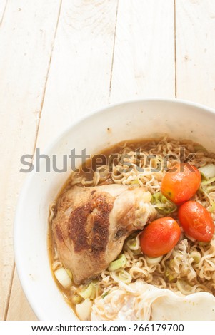 Instant noodle
Grilled Chicken
boiled egg
onion
Pork soup
In a white cup
Placed on the wooden floor