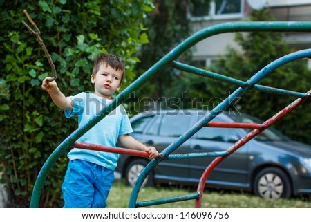 Little boy with branch on jungle gym, outdoor