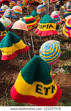 Several hats for sell, many with the rastafarian colors, in Ethiopia.