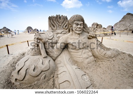 FULONG, TAIWAN-MAY 23,2012:a bruce lee sand sculpture at Fulong beach for celebrating the Sand Sculpture Festival on May 23,2012 in Fulong,Taiwan