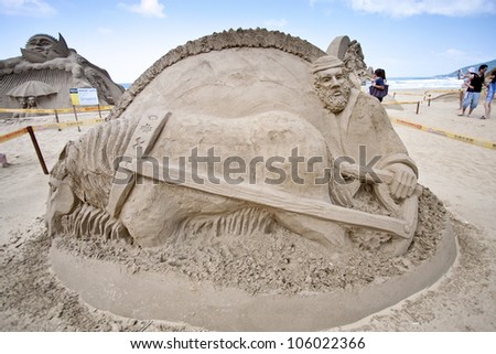 FULONG, TAIWAN-MAY 23,2012:a farmer sand sculpture at Fulong beach for celebrating the Sand Sculpture Festival on May 23,2012 in Fulong,Taiwan