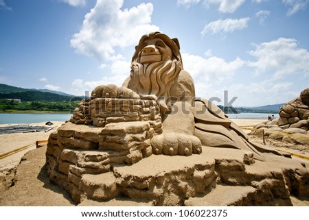 FULONG, TAIWAN-MAY 23,2012:a lion sand sculpture at Fulong beach for celebrating the Sand Sculpture Festival on May 23,2012 in Fulong,Taiwan