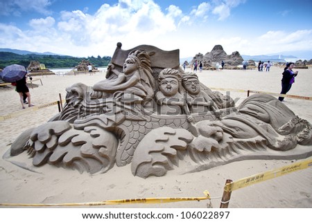FULONG, TAIWAN-MAY 23,2012:a dragon boat sand sculpture at Fulong beach for celebrating the Sand Sculpture Festival on May 23,2012 in Fulong,Taiwan