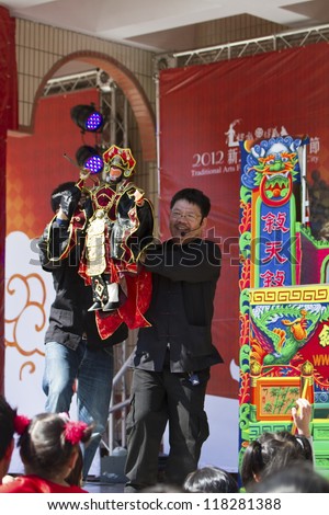 NEW TAIPEI CITY,TAIWAN -November 3,2012:chinese hand puppet in LuZhou elementary School for celebrating the Taiwanese Traditional Art Festival  on November 3,2012 in New Taipei City,Taiwan .