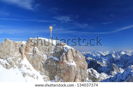 Zugspitze mountain - Top of Germany. The Zugspitze, at 2,962 meters above sea level, is the highest mountain in Germany.