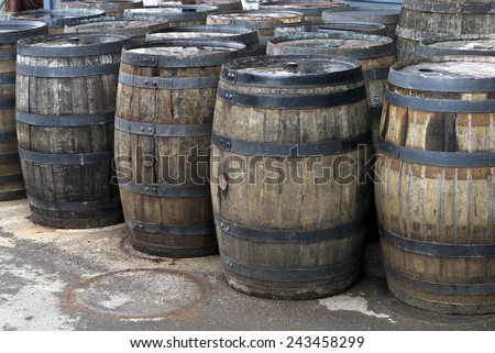 Vintage wooden barrels; old wooden barrels standing on wharf