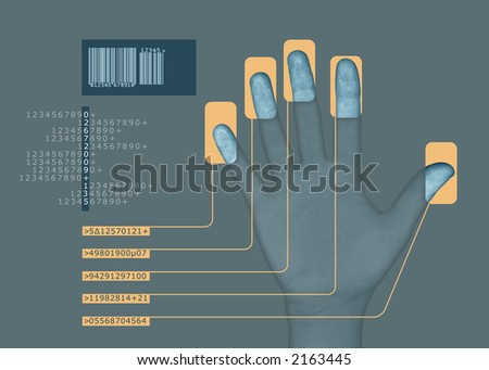 human hand interfacing with digital technology/having biometric scan