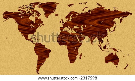 world map, rosewood land inlaid into a pine sea