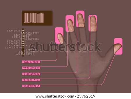 biometric scan: human hand undergoing bio scan or interfacing with computer