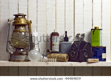 shelf of junk in shed; good copy-space