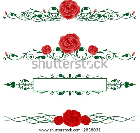  Horizontal borders with red and pink roses and green vines and thorns